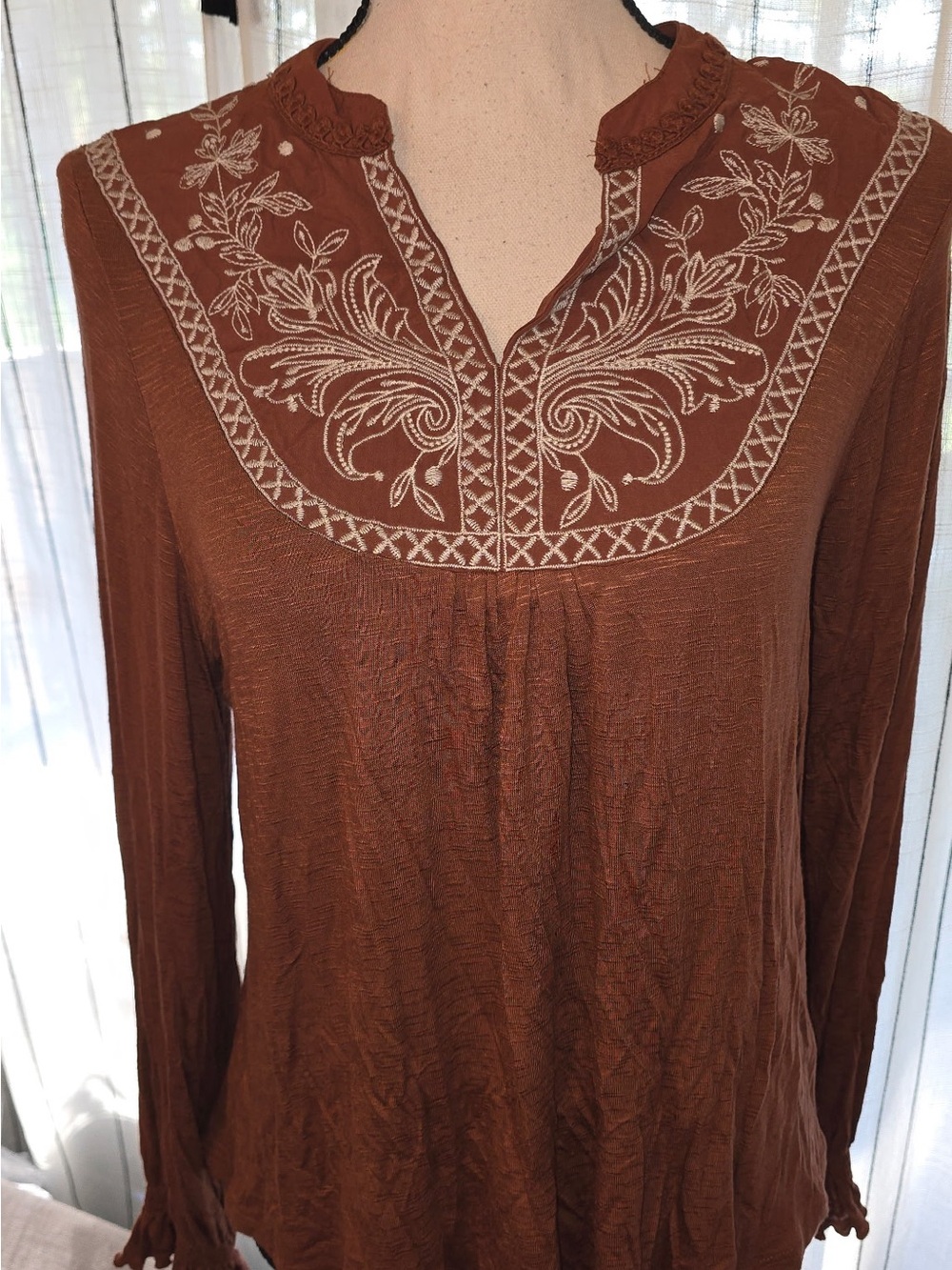 Democracy Rust Brown Embroidered Yoke Peasant Blouse